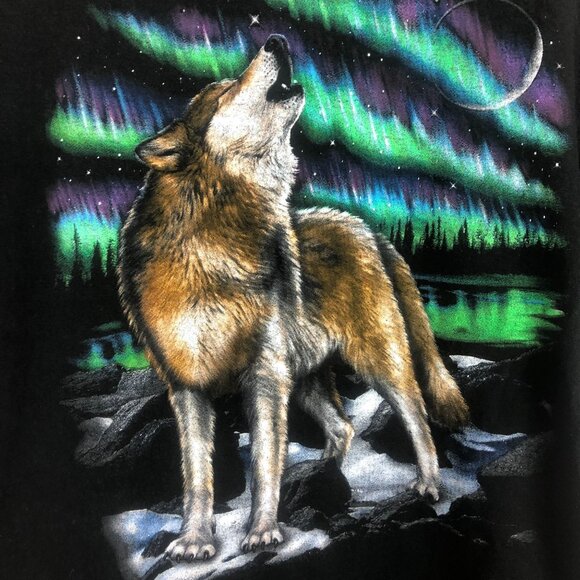 Vtg Timber Wolf Northern Lights Graphic T-Shirt Sz XL? Glows! UV Black Light - Picture 2 of 7